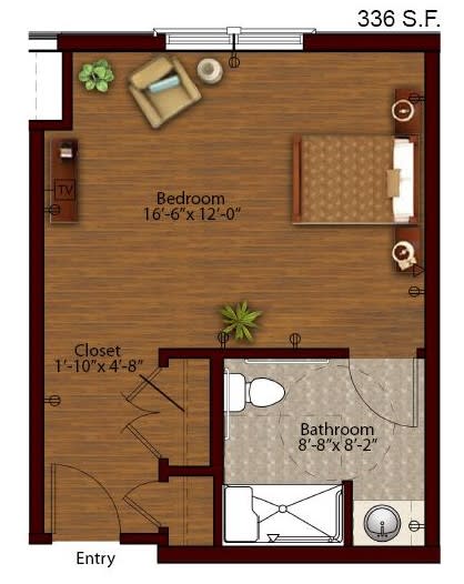 A floor plan showcasing a bedroom with an attached bathroom and closet.