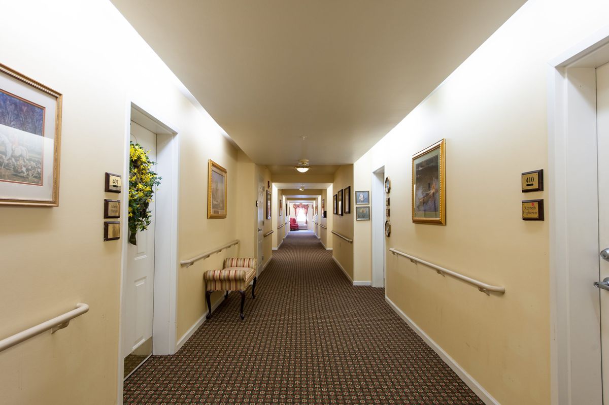 A well-lit hallway with carpet flooring, decorated with paintings and adorned doors.