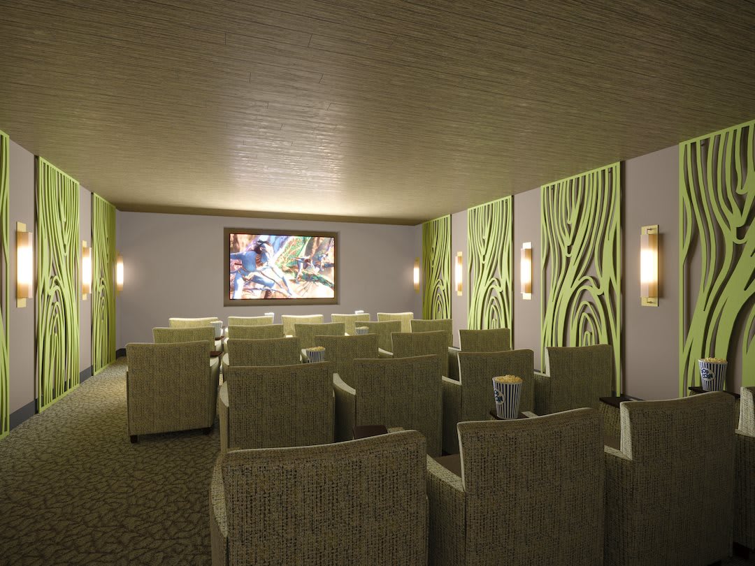 A modern home theater with comfortable seating and a large screen.