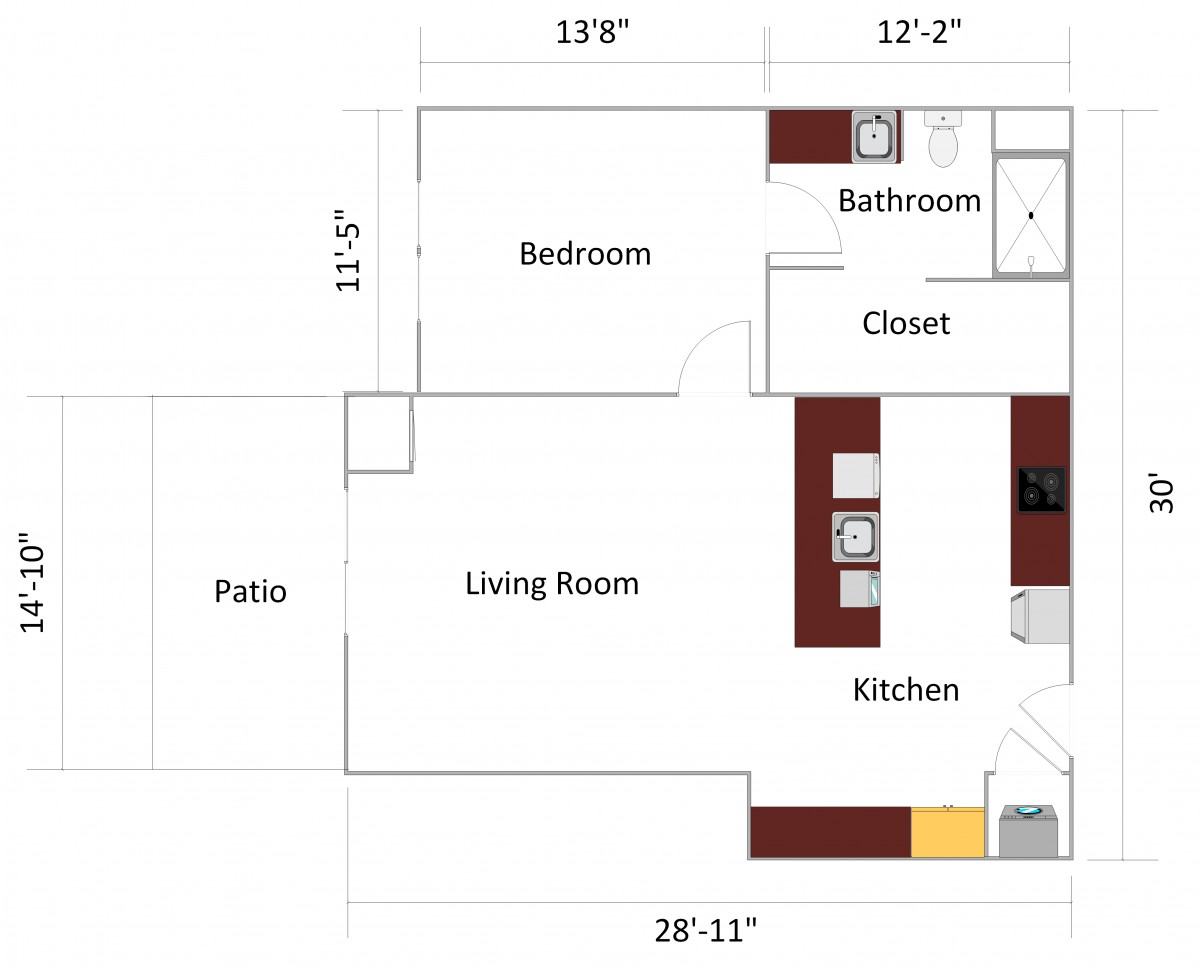 A floor plan of a one-bedroom apartment with a living room, kitchen, bathroom, and patio.