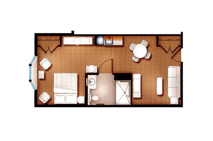 This image shows a floor plan of an apartment, depicting furniture placement and room arrangement.
