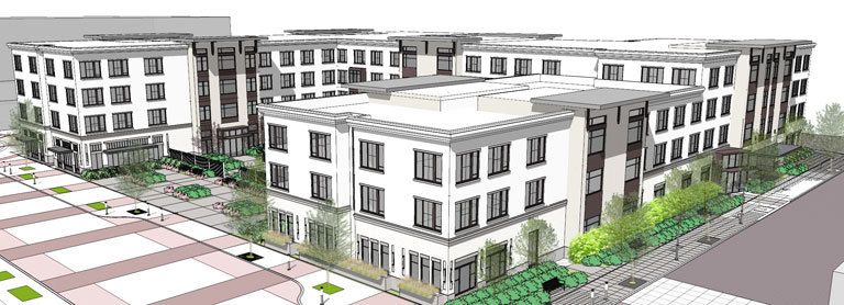 A modern architectural sketch of a multi-story building in an urban setting.