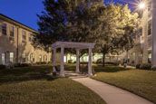 A nighttime view of a garden with a pathway and illuminated structure.