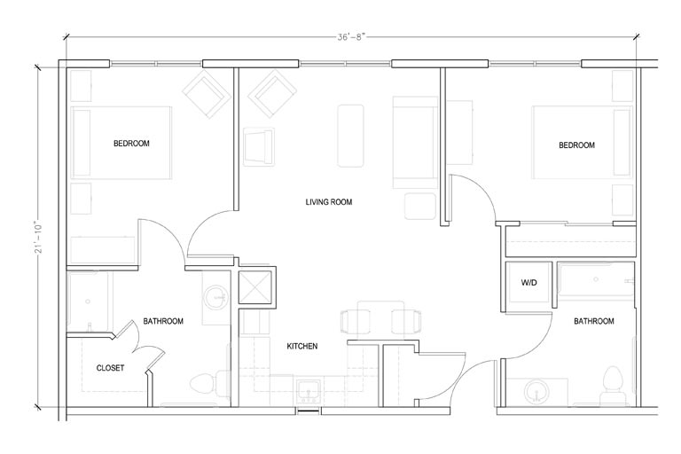 Architectural floor plan illustrating the layout of a residential space with labeled rooms including a kitchen, living room, and bedroom.