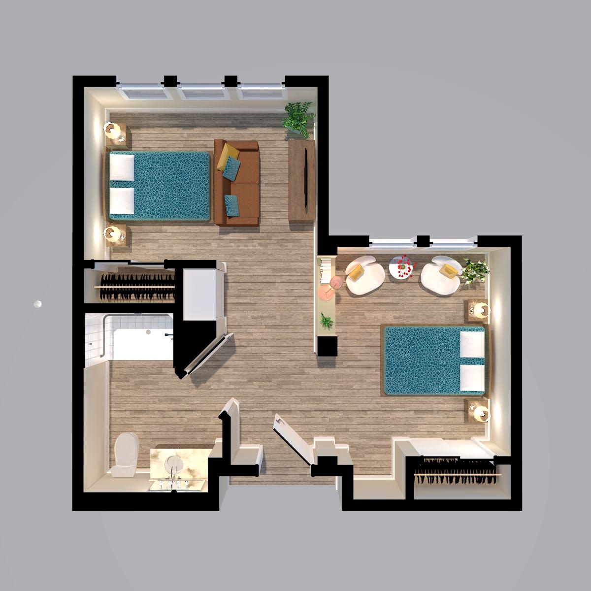 A top-down view of a two-bedroom apartment floor plan, showcasing the layout and interior design.