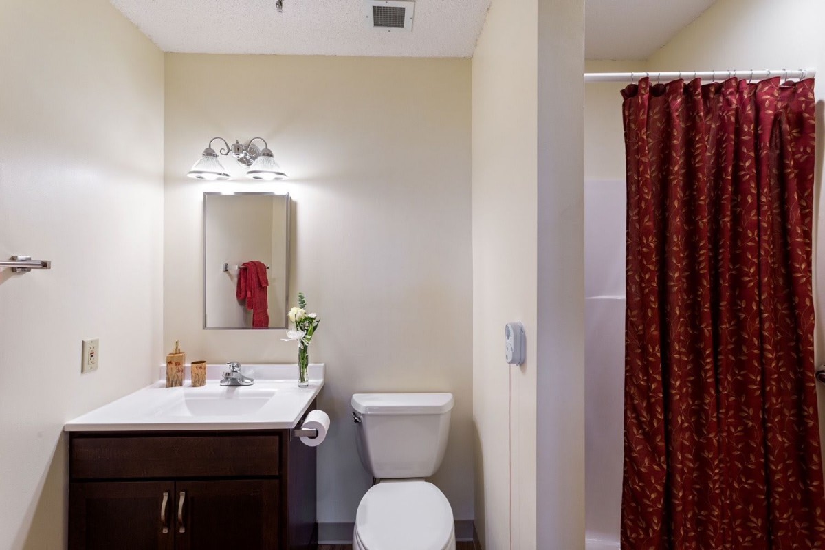 A neatly organized bathroom with a mirror, sink, and shower curtain.