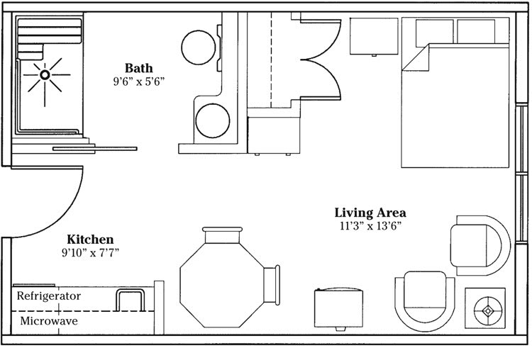 A floor plan showing the layout of an apartment including a bathroom, living area, and bedroom.