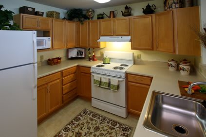 A cozy kitchen with wooden cabinets, a stove, and a sink.