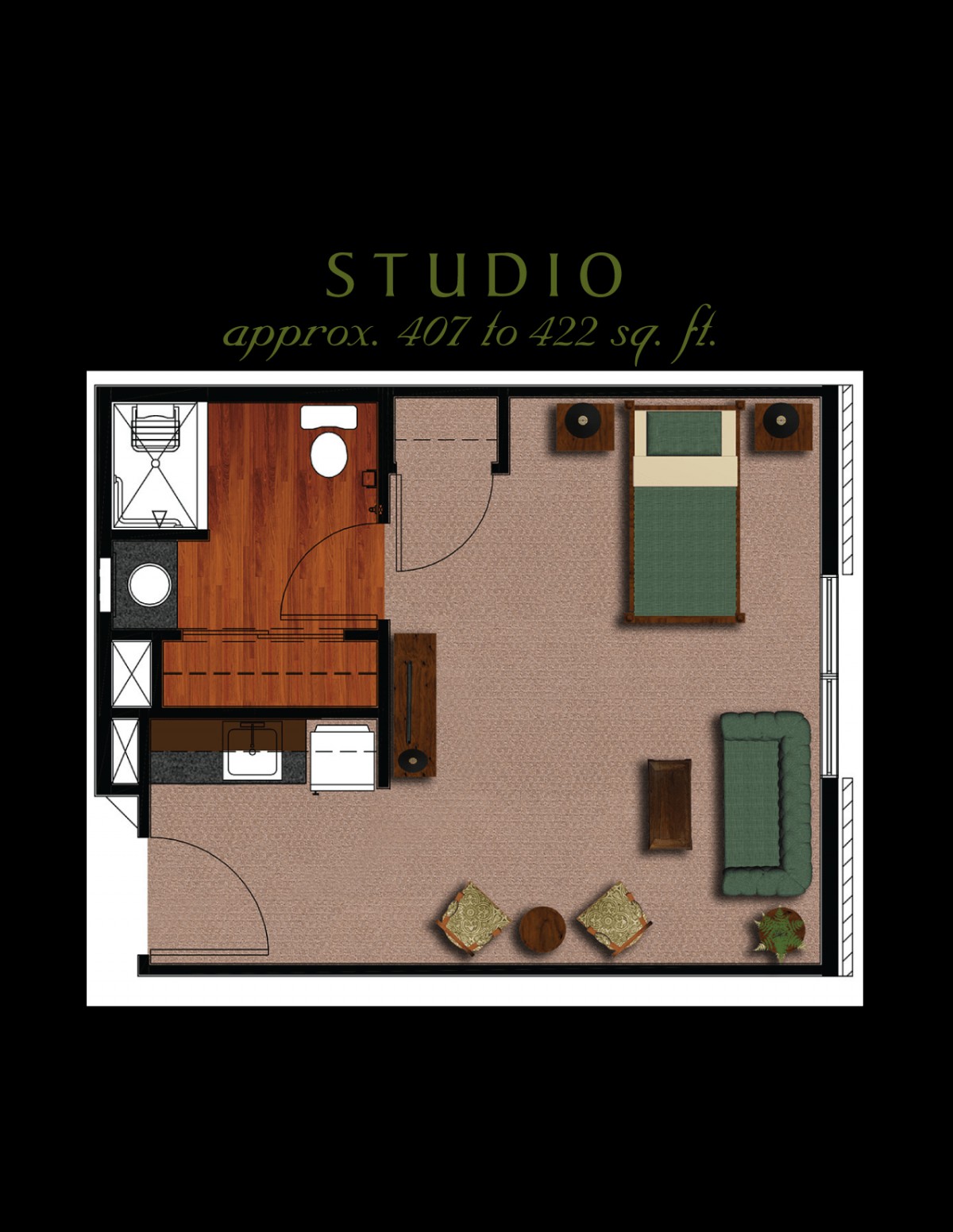 Studio apartment floor plan showcasing an efficient layout with living, sleeping, and kitchen areas.