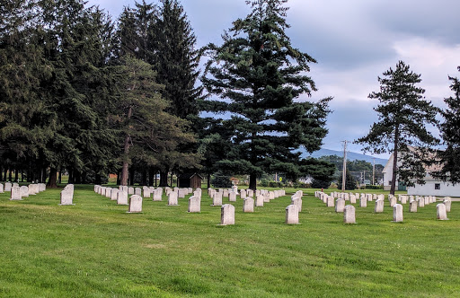 A serene view of a cemetery with neatly arranged grave markers under a cloudy sky.