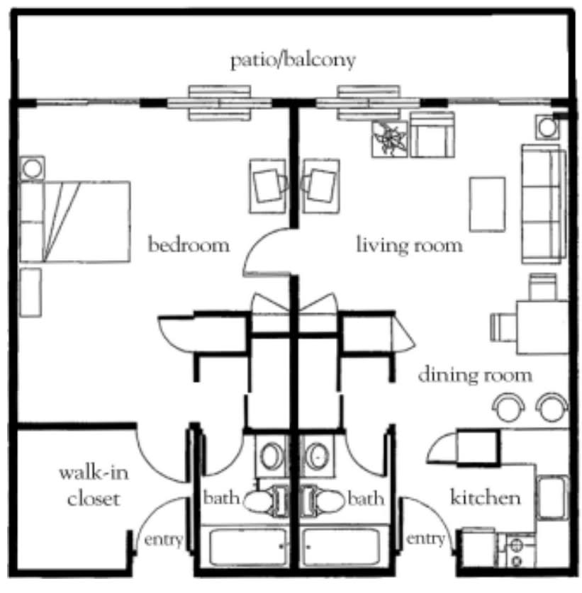 A detailed floor plan of an apartment showing various rooms and spaces, including a bedroom, living room, kitchen, dining room, bathroom, walk-in closet, and patio/balcony.