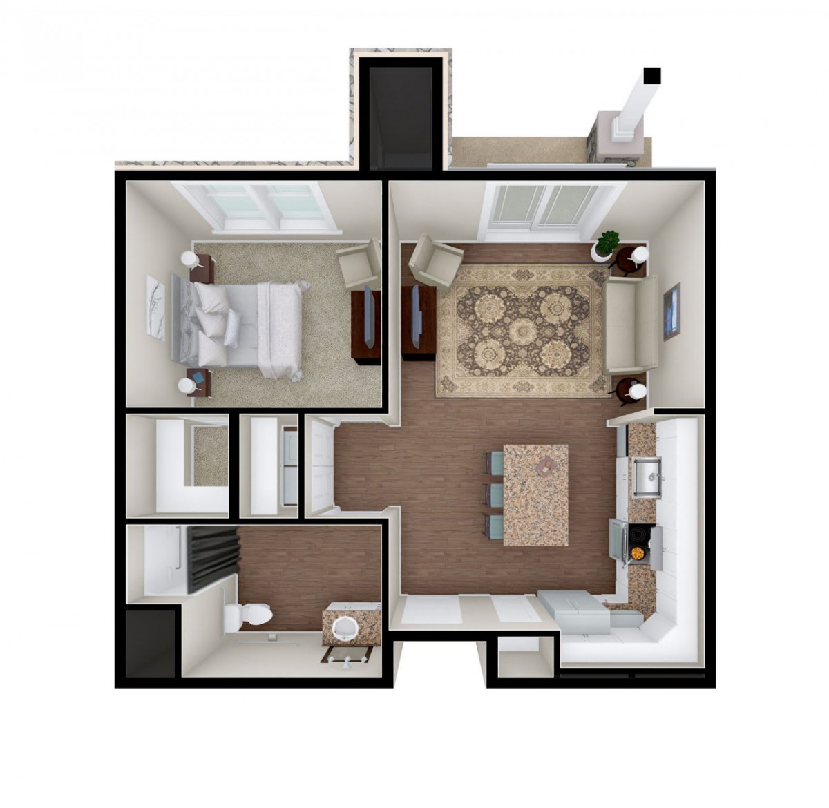 A floor plan of a one-bedroom apartment featuring a living room, kitchen, and bathroom.