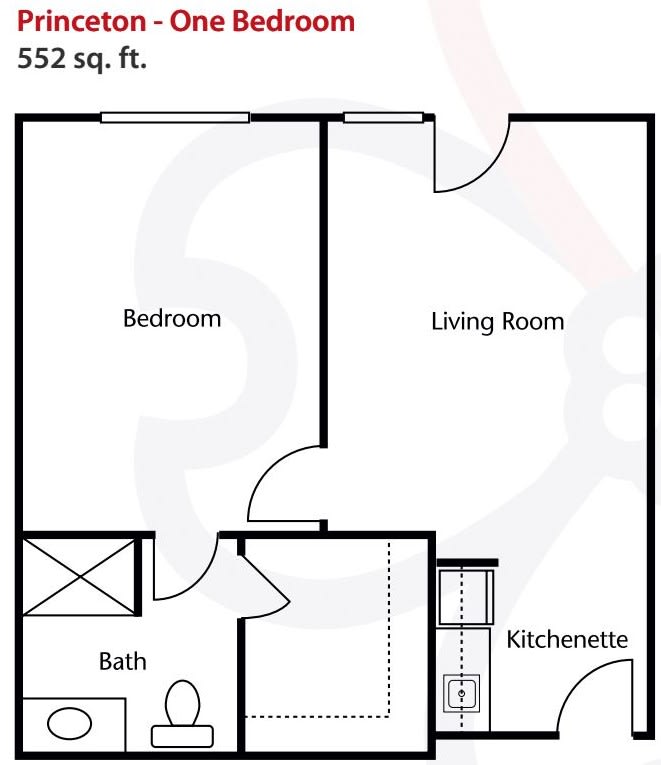 A floor plan of a 352 sq. ft. apartment featuring a bedroom, living room, kitchenette, and bathroom.