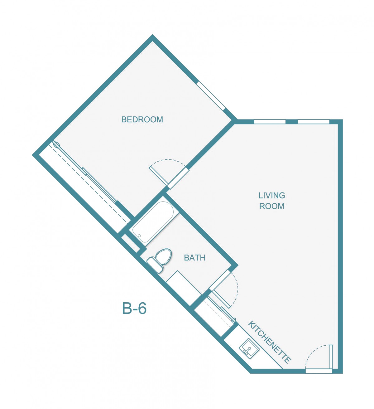 A simple floor plan of an apartment featuring a bedroom, living room, and bathroom.