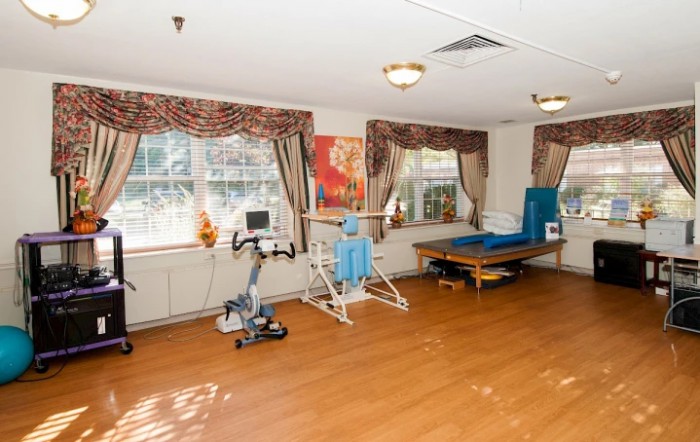 A rehabilitation room equipped with exercise machines and a wooden floor, designed for physical therapy.