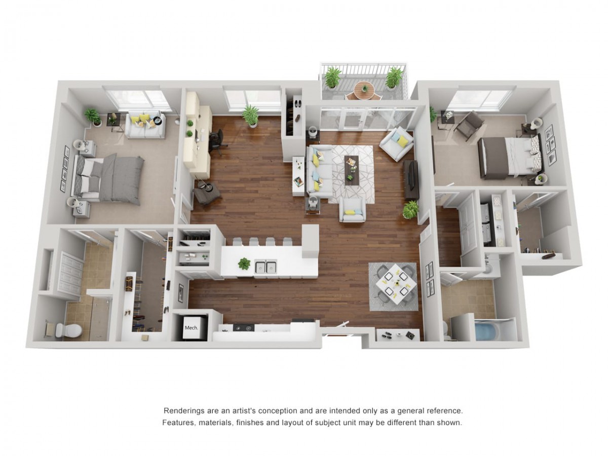 A 3D floor plan of a modern apartment with two bedrooms, a living room, kitchen, and bathroom.