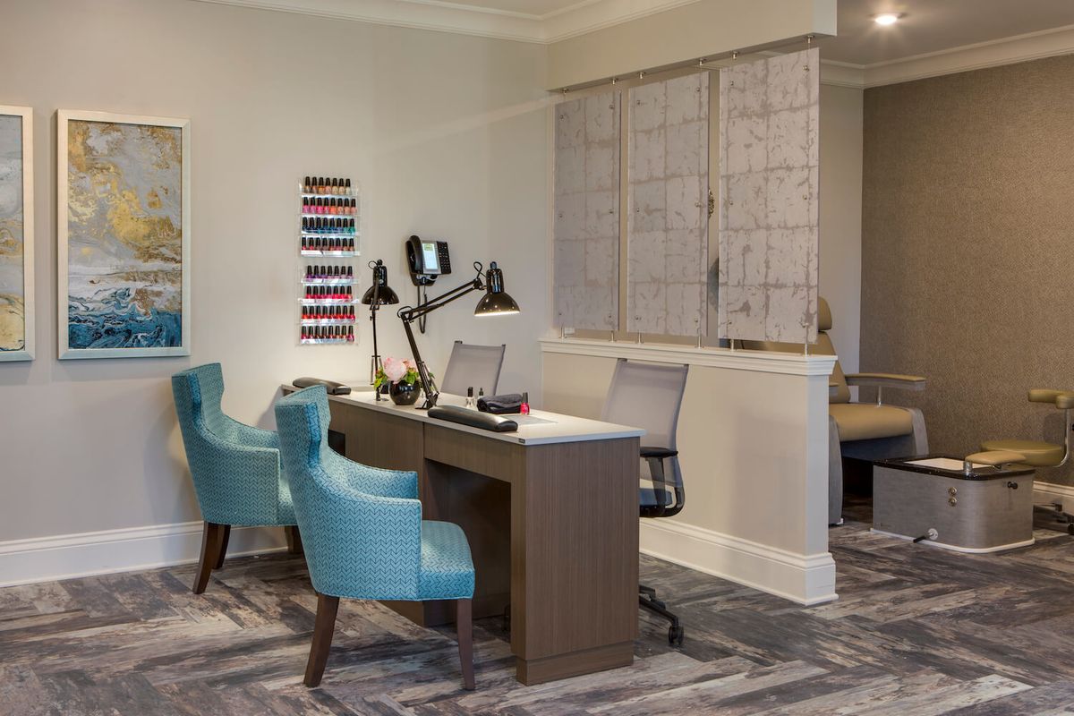A modern office space with stylish furniture and a contemporary design.