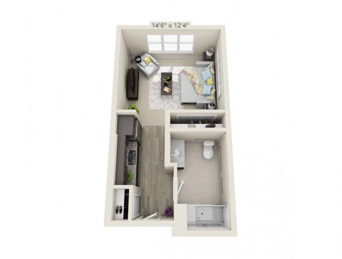 A 3D floor plan of a one-bedroom apartment layout.