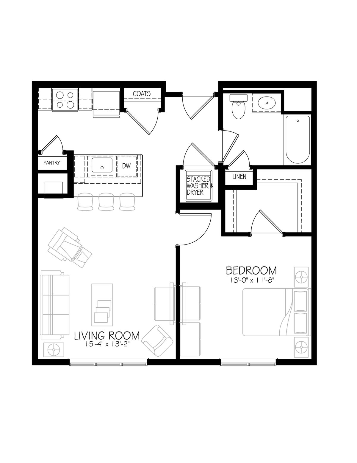 A one-bedroom apartment floor plan featuring a living room, kitchen, and bathroom.