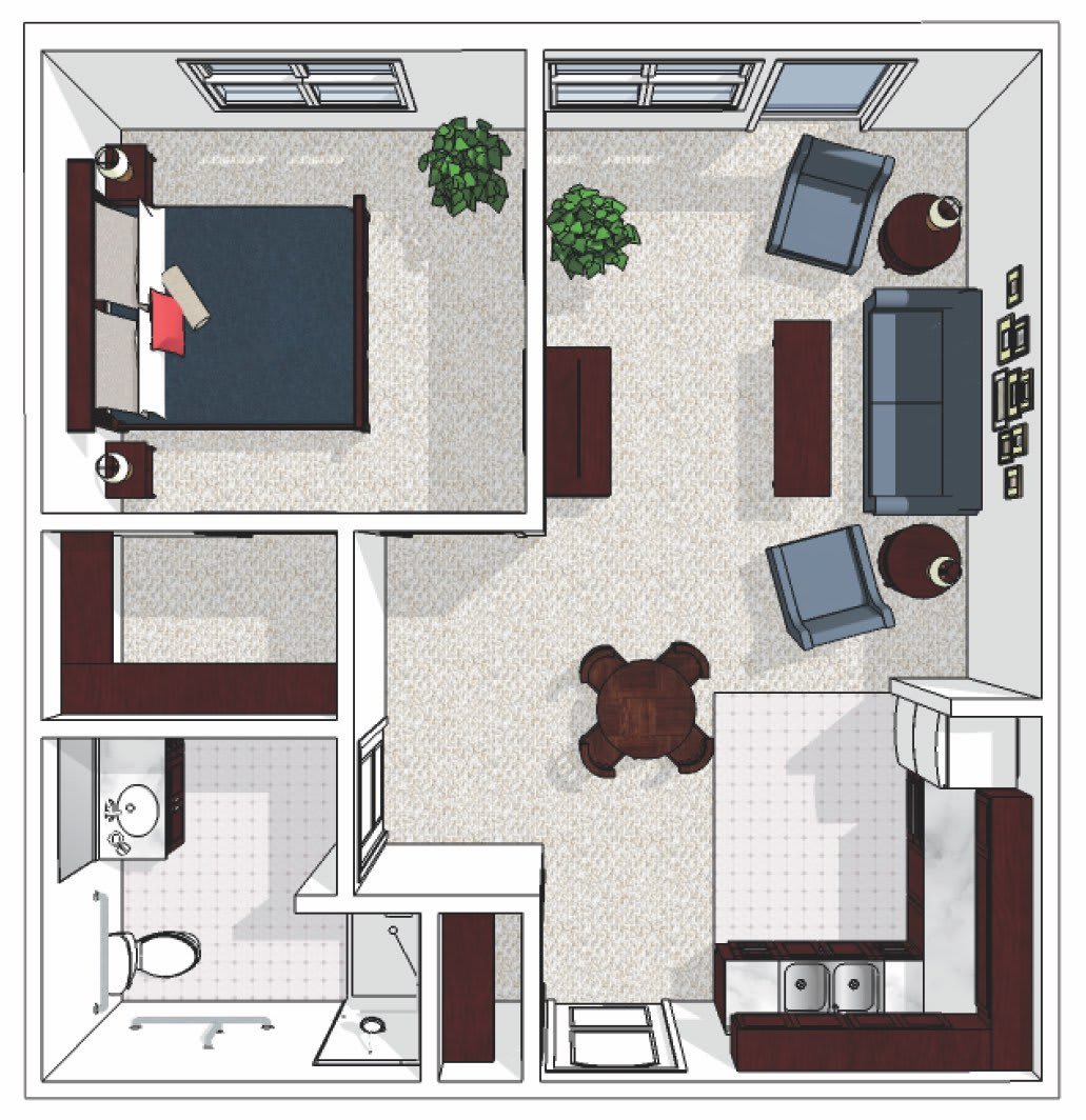 A one-bedroom apartment layout showing the arrangement of a living room, kitchen, bedroom, and bathroom.