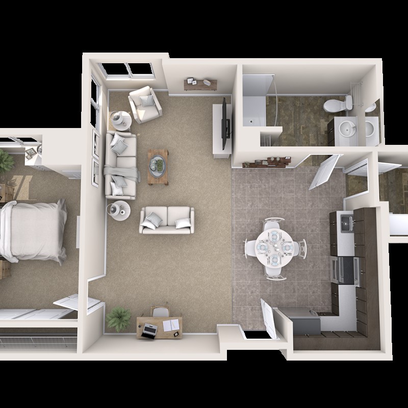A detailed floor plan of a one-bedroom apartment featuring an open living room, kitchen, and bathroom.