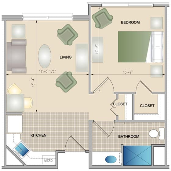 A detailed floor plan of a one-bedroom apartment featuring a living room, kitchen, bathroom, and closet.