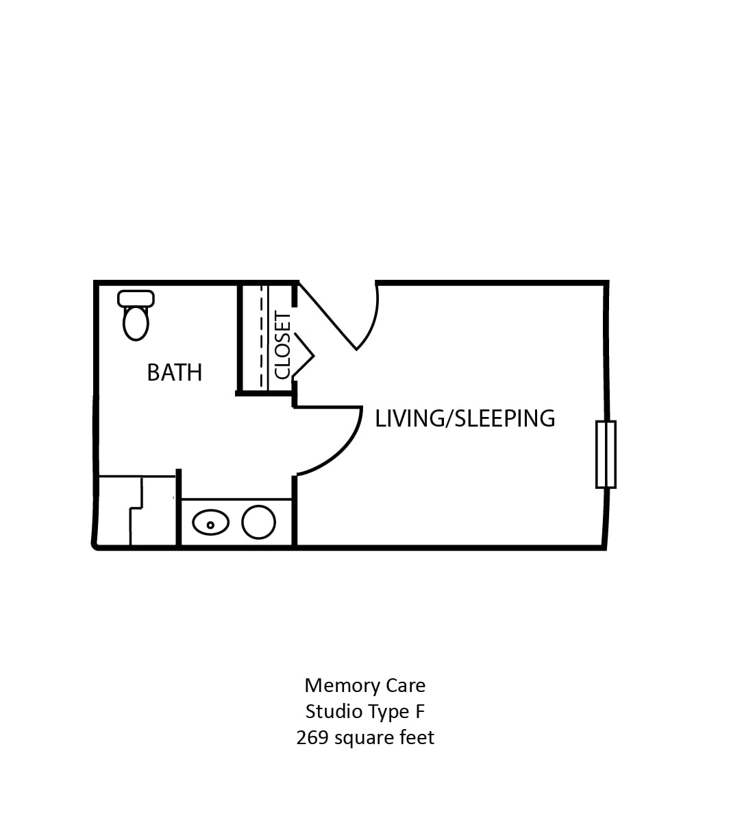 Floor plan of a studio apartment, featuring a living/sleeping area and a bathroom.
