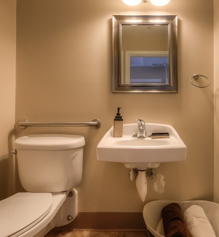 A modern bathroom featuring a sink with a mirror and a toilet.