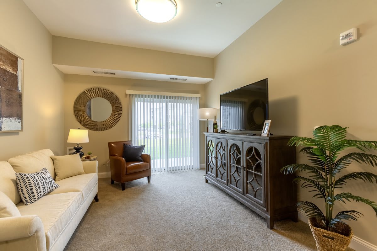 A cozy living room with modern furnishings and decor, featuring a TV stand, sofa, and armchair.