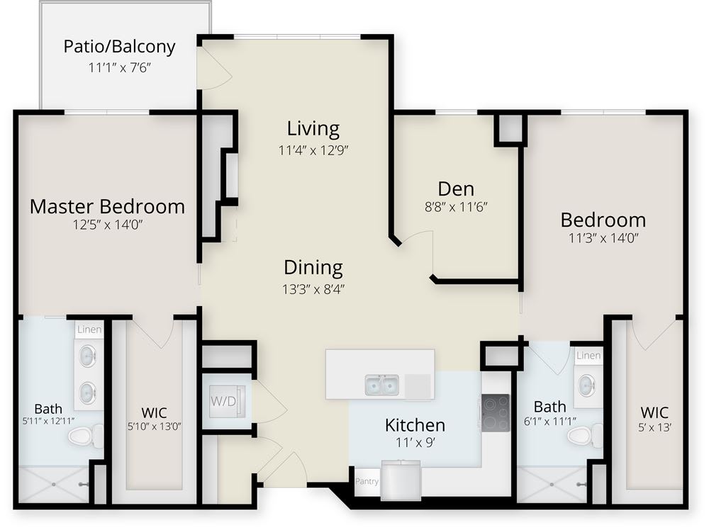 This is a floor plan of an apartment featuring two bedrooms, a living and dining area, a kitchen, bathroom, den, and balcony.