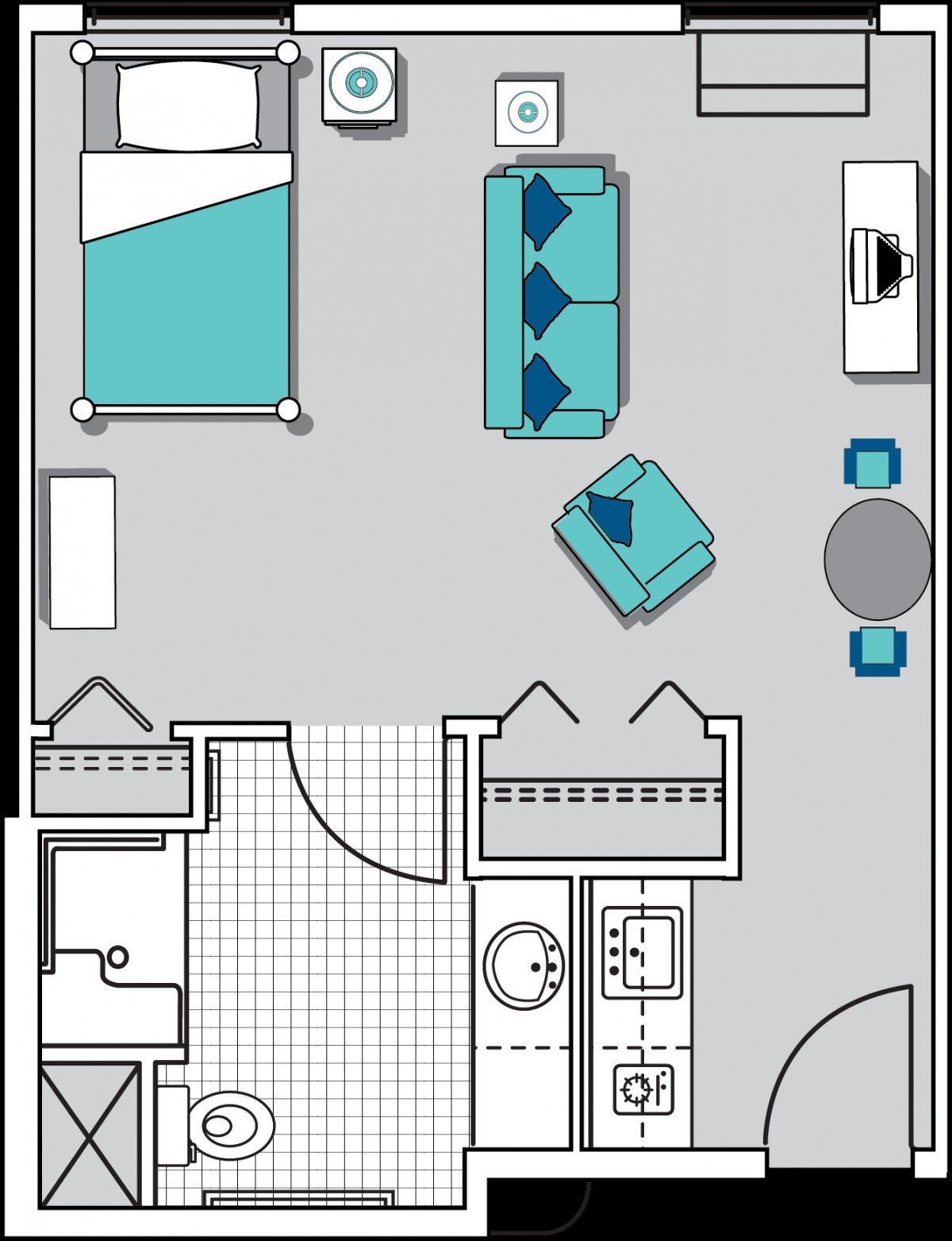 A floor plan of an apartment featuring a bedroom, living room, kitchen, and bathroom with furniture layout.