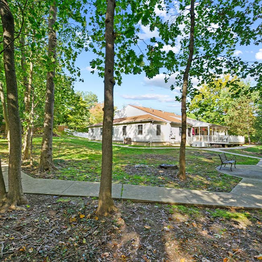 A serene view of a house surrounded by lush greenery and a winding pathway.