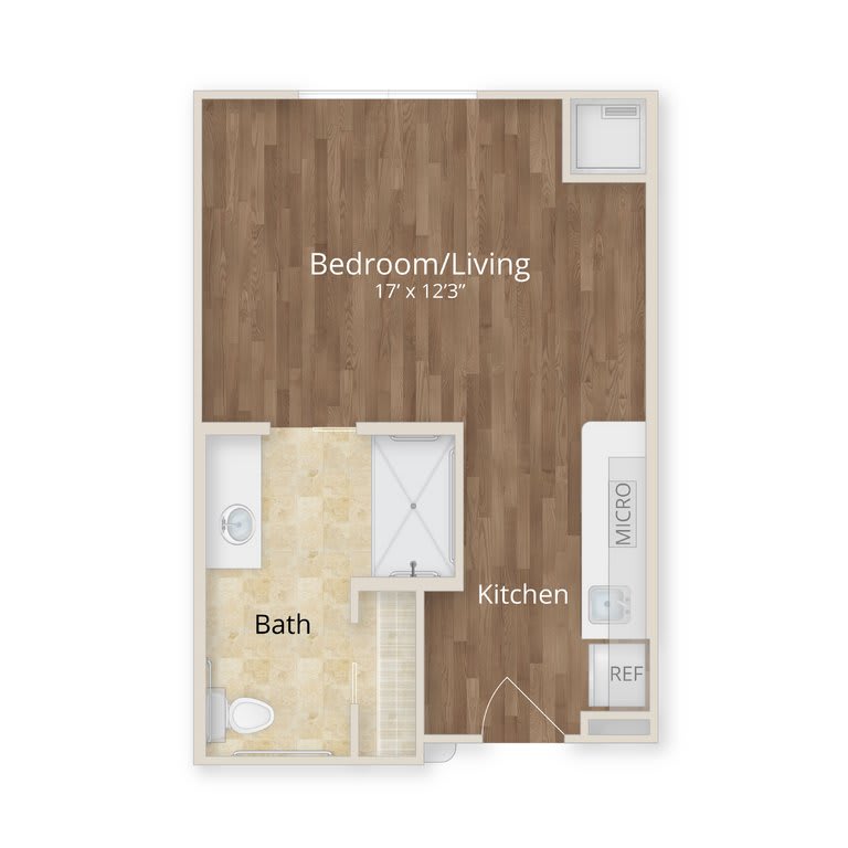 Studio apartment floor plan with combined bedroom and living area, bathroom, and kitchen.