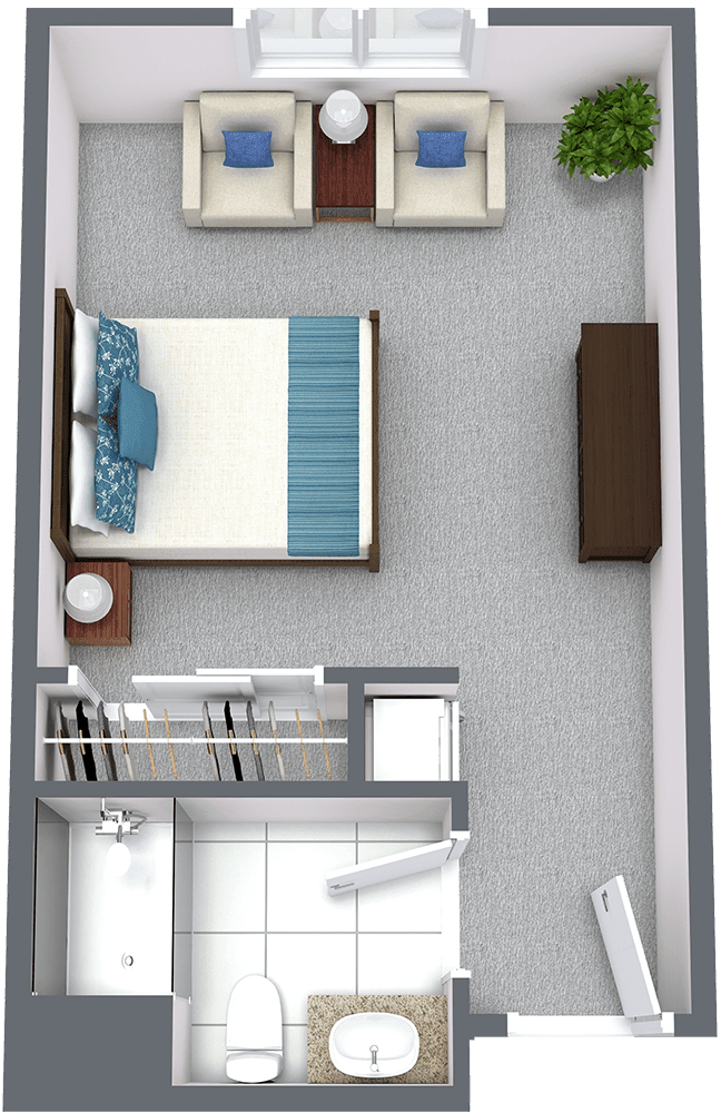A 3D floor plan of a modern bedroom with a bed, nightstand, dresser, and en-suite bathroom.