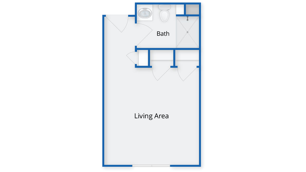 Floor plan of a studio apartment with a living area and bathroom.