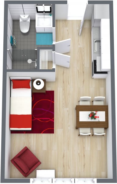 A modern one-bedroom apartment floor plan with an open-concept living area and kitchen.