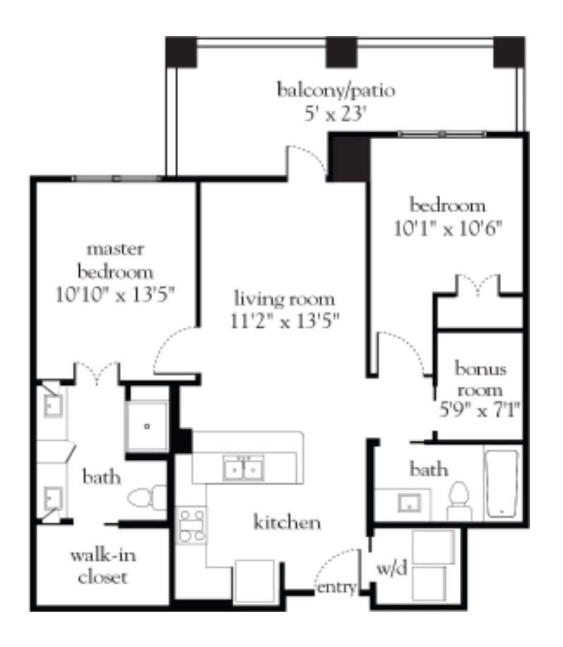 A detailed floor plan of a two-bedroom apartment with a living room, kitchen, and balcony.