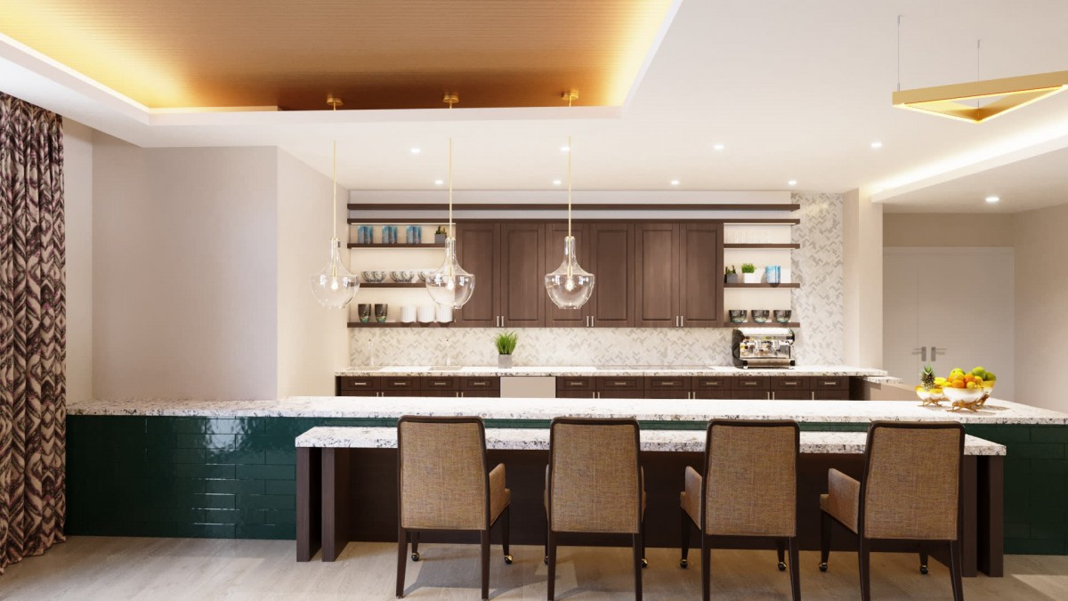 A modern kitchen with a marble countertop, open shelving, and elegant pendant lighting.
