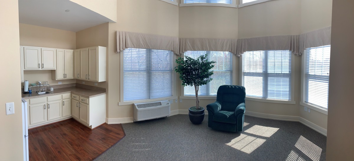 A cozy living room corner featuring a comfortable armchair, large windows with blinds and curtains, and a potted plant basking in natural light.