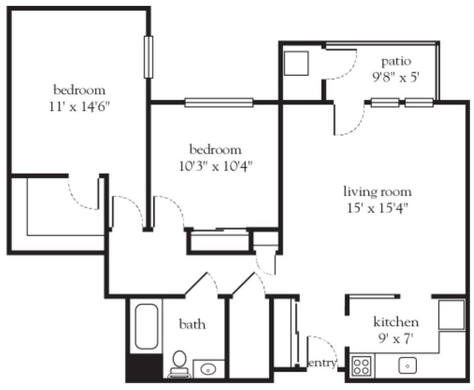 A floor plan showing the layout of an apartment with two bedrooms, a bathroom, kitchen, living room, and patio.
