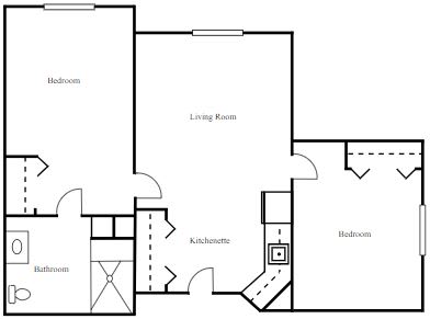 A floor plan layout showing two bedrooms, a living room, a kitchen, and a bathroom.