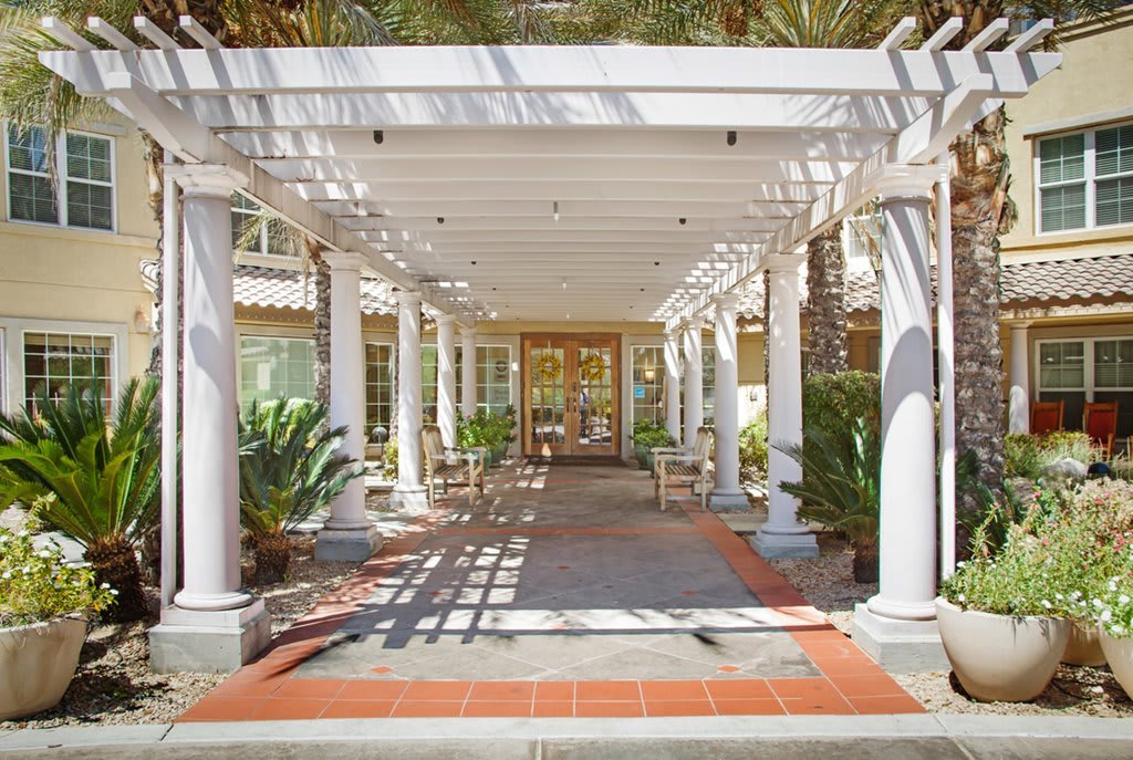 A beautifully designed pergola with white columns and lush greenery, creating an inviting outdoor pathway.