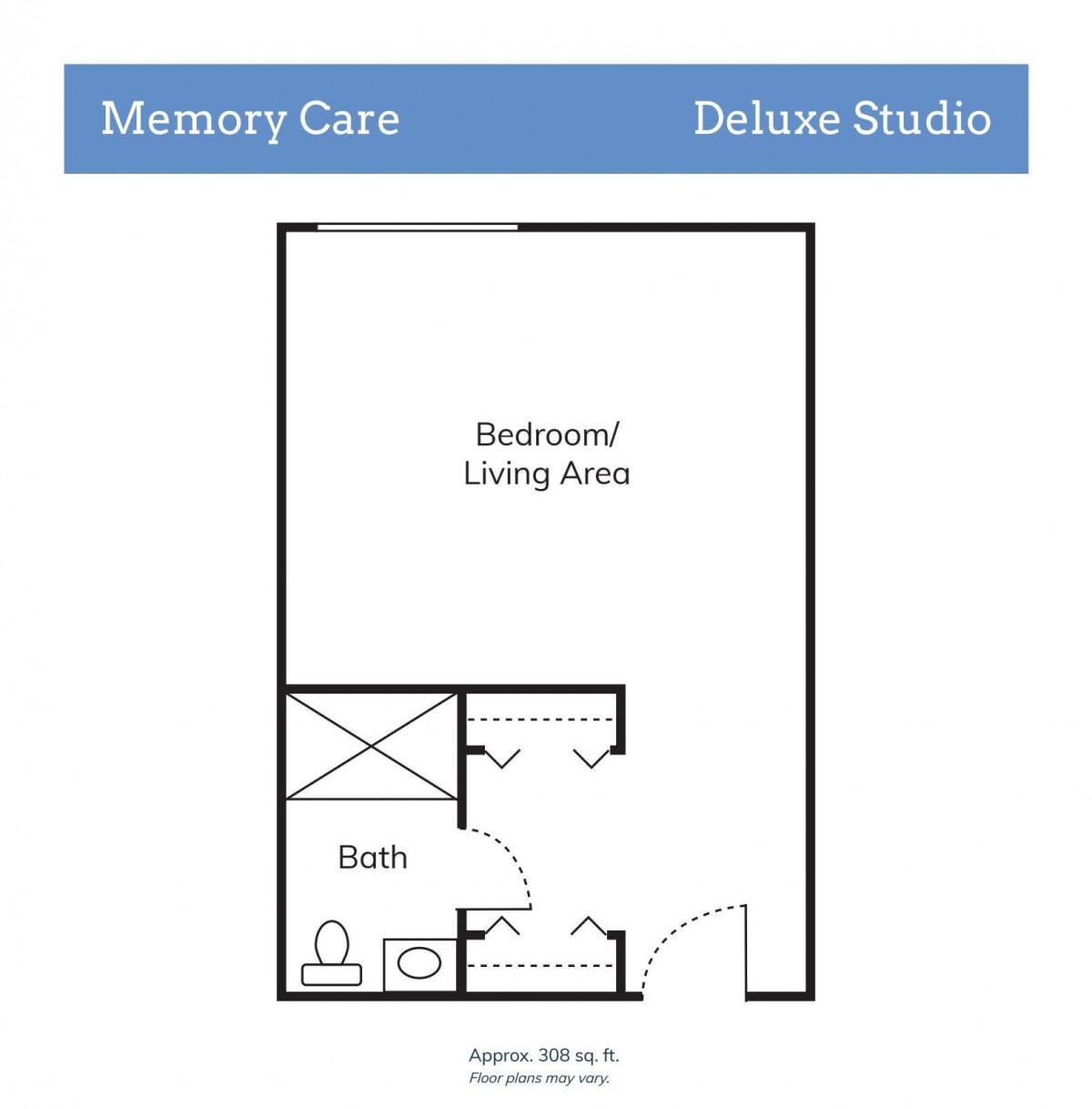 Floor plan of a Memory Care Deluxe Studio, including a bedroom/living area and a bathroom.