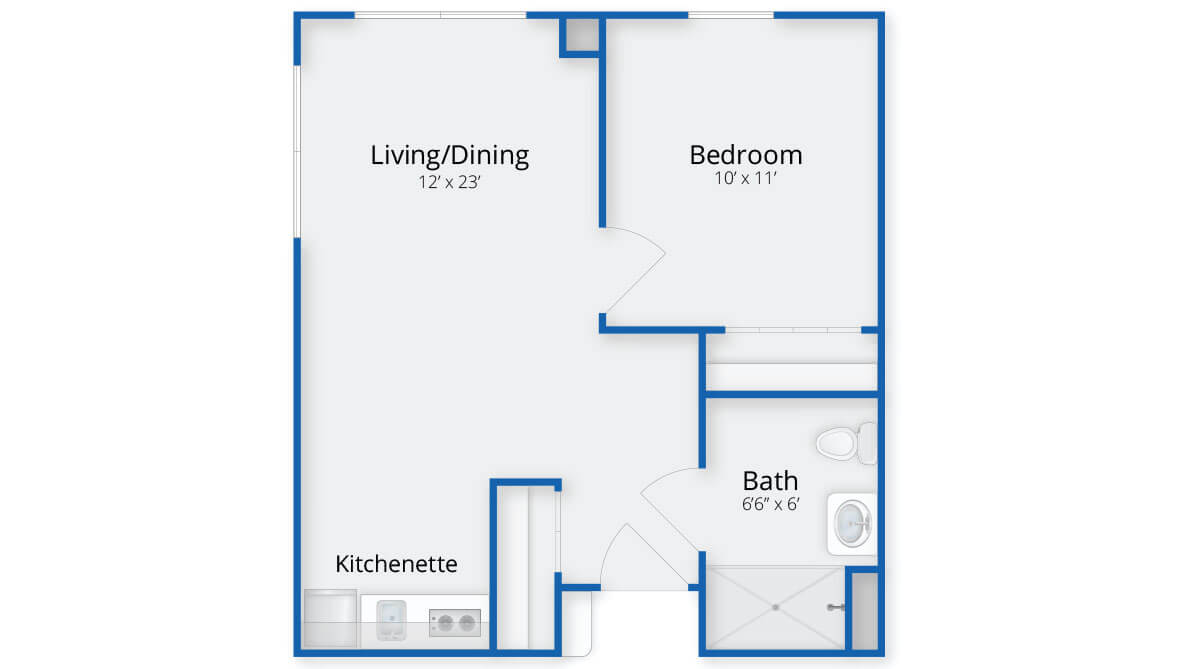 A simple floor plan of a one-bedroom apartment featuring a living/dining area, kitchenette, bedroom, and bathroom.
