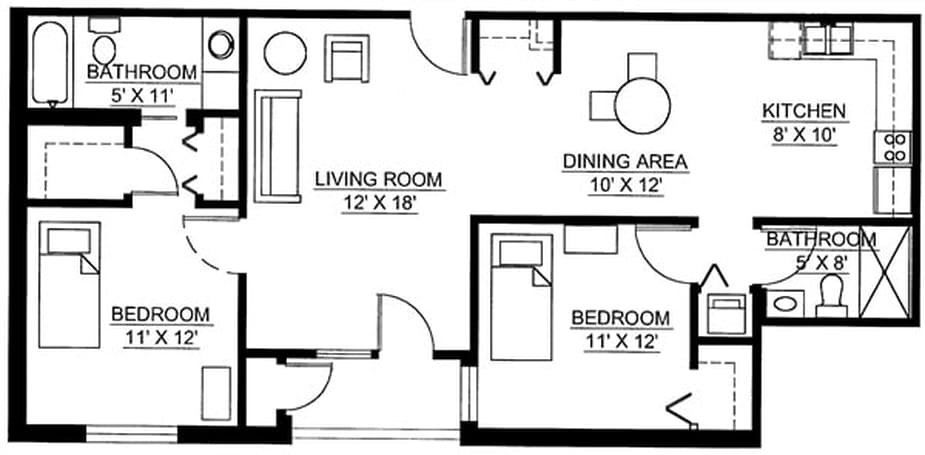 A floor plan showing an apartment layout with a living room, dining area, and bedroom.