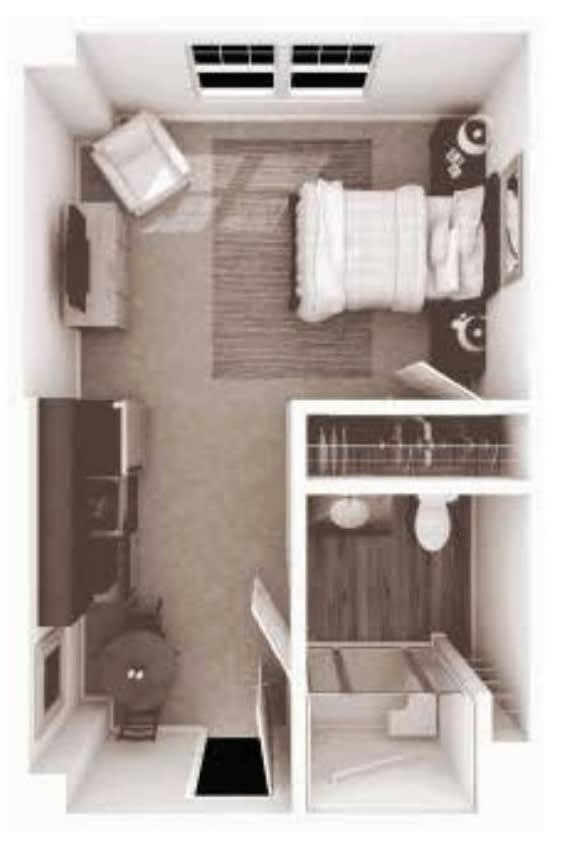 Top view of a bedroom floor plan with furniture layout.