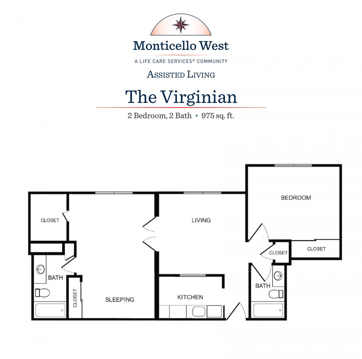Floor plan for 'The Virginian' apartment at Monticello West, featuring 1 bedroom and 2 baths.