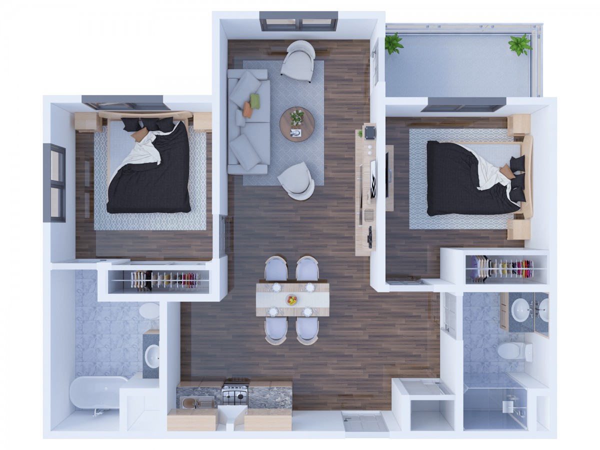 A modern two-bedroom apartment floor plan with a central living area, kitchen, and dining space.