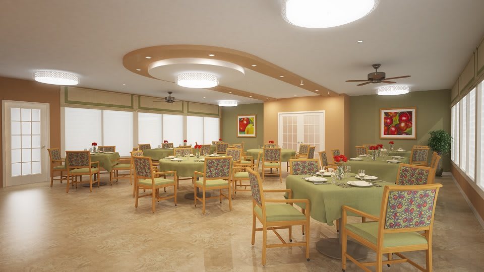 A well-lit dining room with neatly arranged tables and chairs, featuring modern interior design elements.