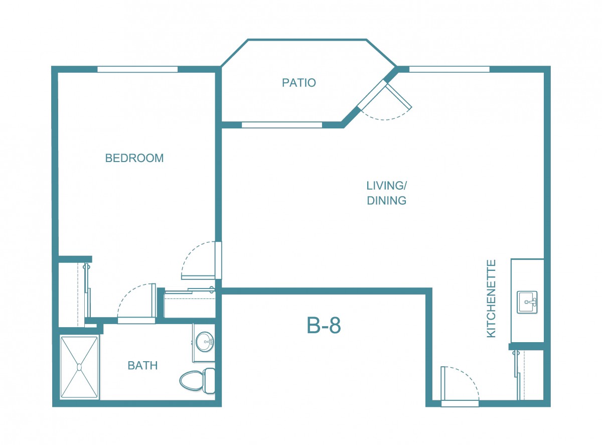 A floor plan of a one-bedroom apartment with a living/dining area, bathroom, kitchenette, and balcony.